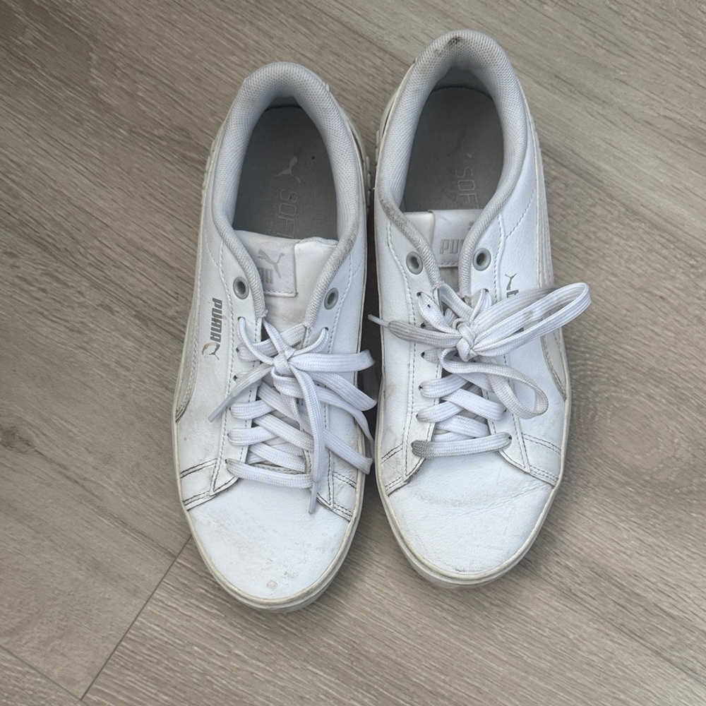 Puma White Leather Casual Sneakers with Subtle Silver Logo